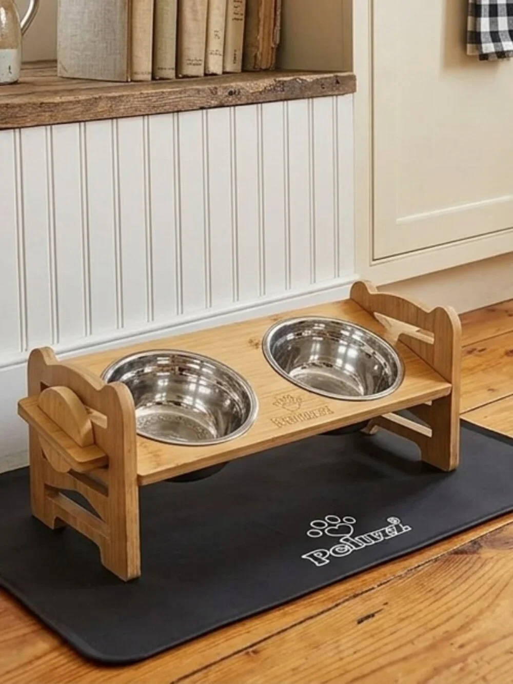 Bamboo Raised Feeder with Bowls and Mat